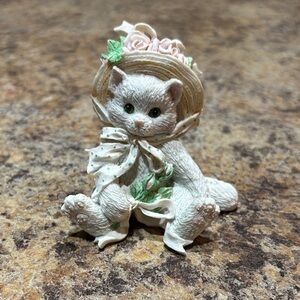 Charming White Cat Figurine with Pink and Green Accents